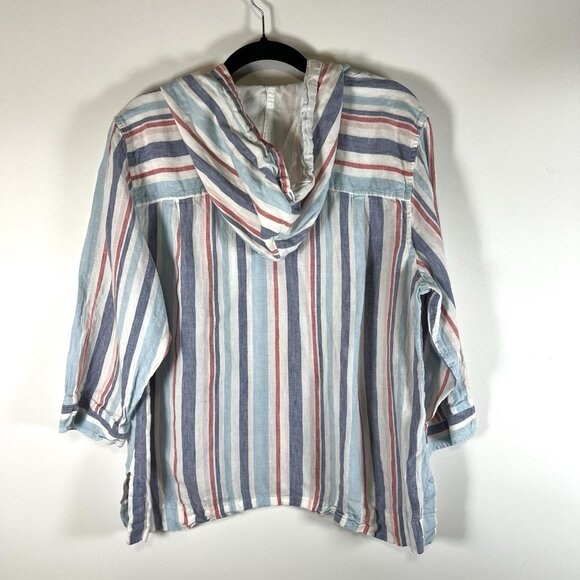 LL Bean Hoodie Womens XL‎ Blue Pink White Striped Linen Drawstrings Thin Coastal - Picture 8 of 10